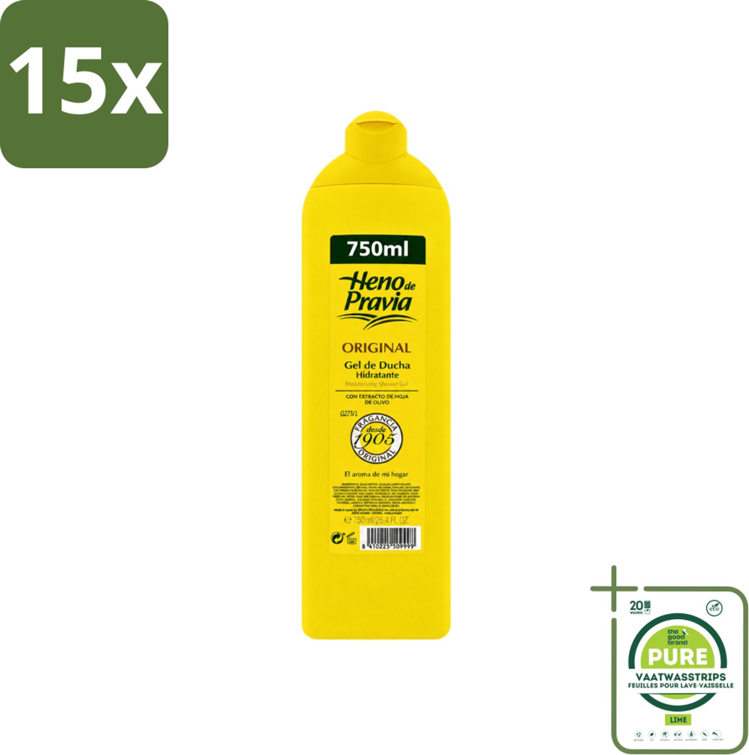 15 x Heno De Pravia - Douchegel - Original Geur - 750 ml - Grootverpakking - Vaatwasstrips - Douchegel - Huid Verzorging - Frisheid - Spaanse Geur - Mild Reinigen