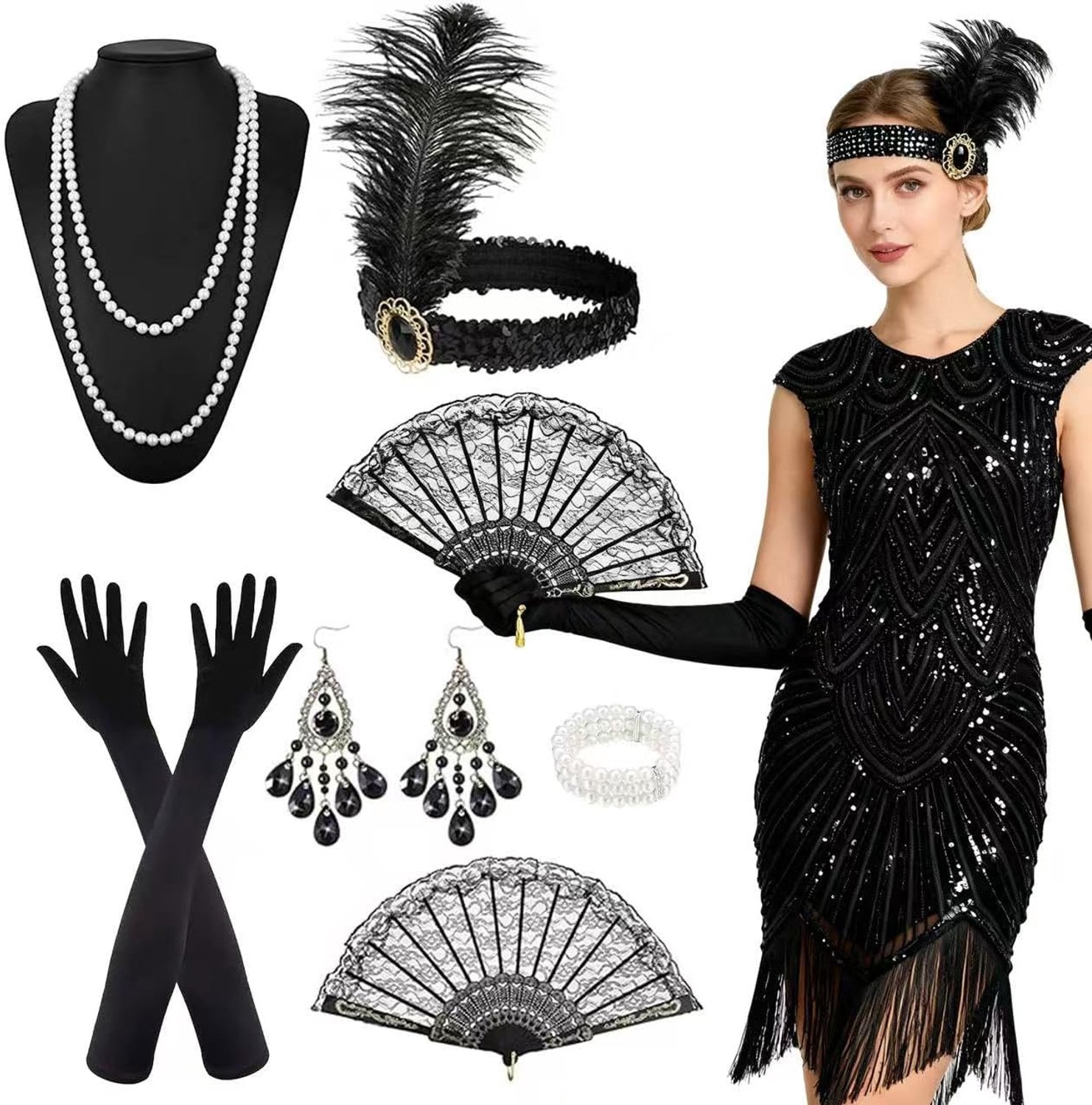 20-jurk voor dames met pailletten en franjes, jaren 20-jurk Charleston met accessoires, jaren 20-kostuum, flapper, damesjurk voor feestjes en carnaval