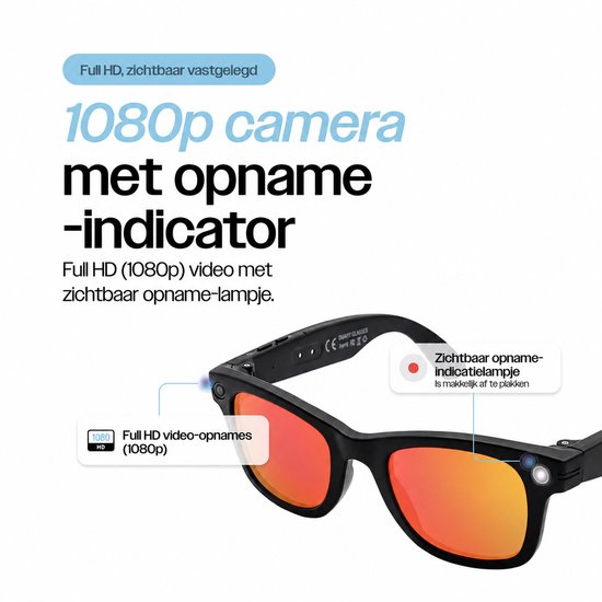 REBØNE® Camera Bril - AI Bril met Camera - Slimme Bril 8MP 1080p Full HD - Smart Glasses en Zonnebril met Bluetooth, Muziek en Bellen - 3 Sets Verwisselbare Glazen - Nederlandse App - Zwart met Oranje Glazen — afbeelding 5