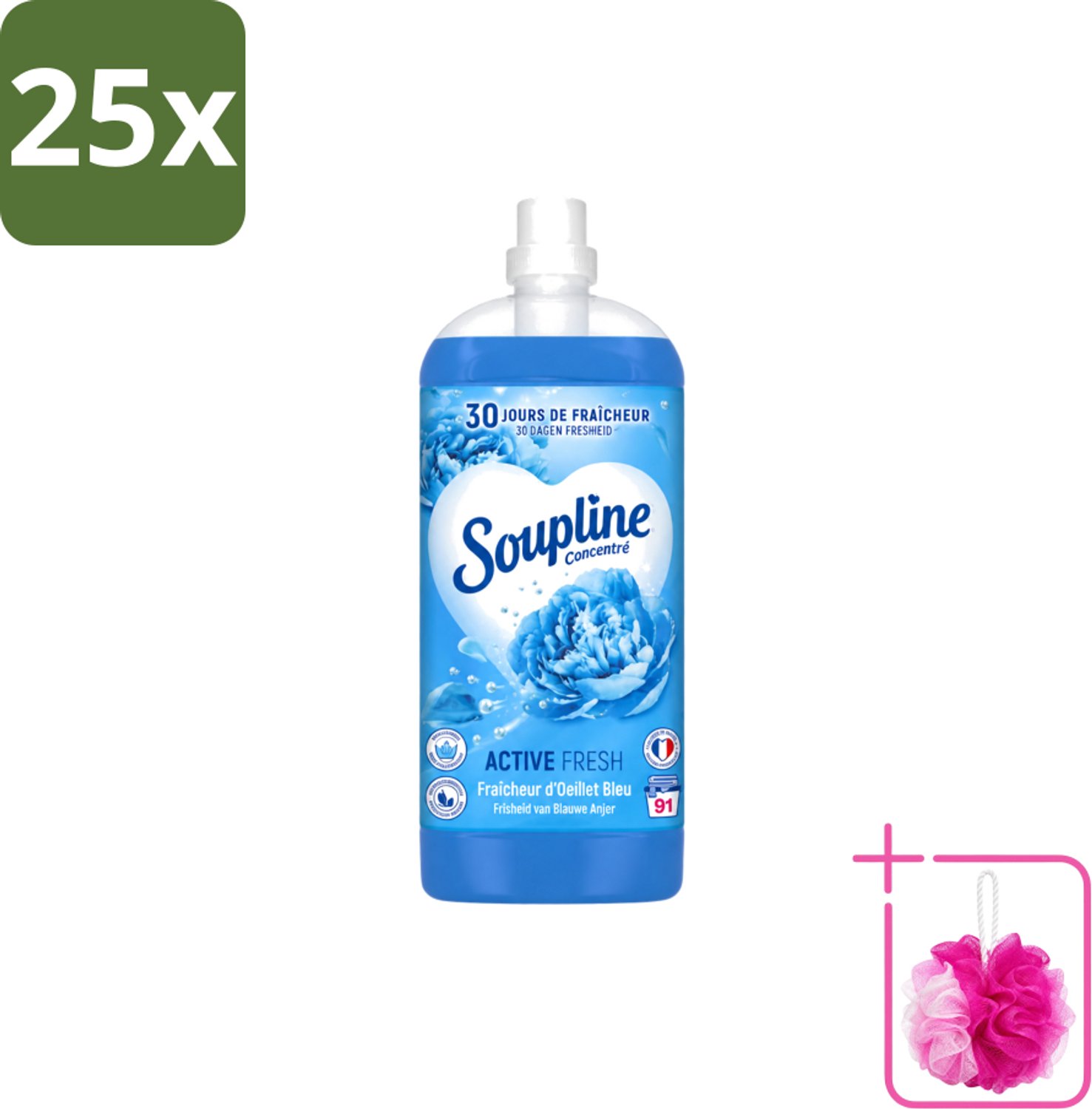 25 x Soupline – Wasverzachter – Active Fresh Frisheid van Blauwe Anjer – 2 L - Bulkverpakking - Wasverzachter - Douchemop - Frisheid