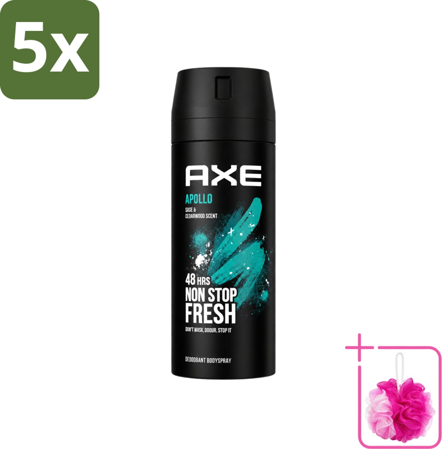5 x Axe - Deodorant Bodyspray - 48hrs Fresh - Apollo - Sage & Cedarwoord - 150 ml - Bulkverpakking - 48 uur bescherming - Douchemop - Deodorant sprayer