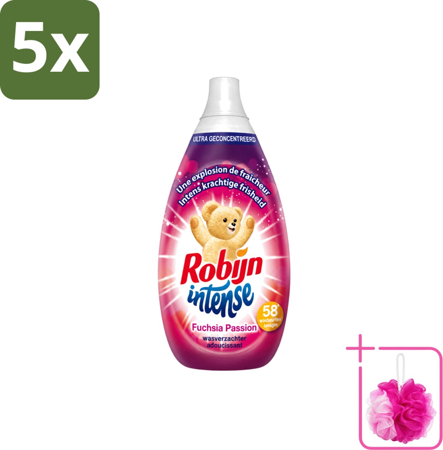 5 x Robijn Intense - Wasverzachter - Intense Fuchsia Passion - 870ml - 58 Wasbeurten - Bulkverpakking - Wasverzachter - Douchemop - Wasverzachter fuchsia passion