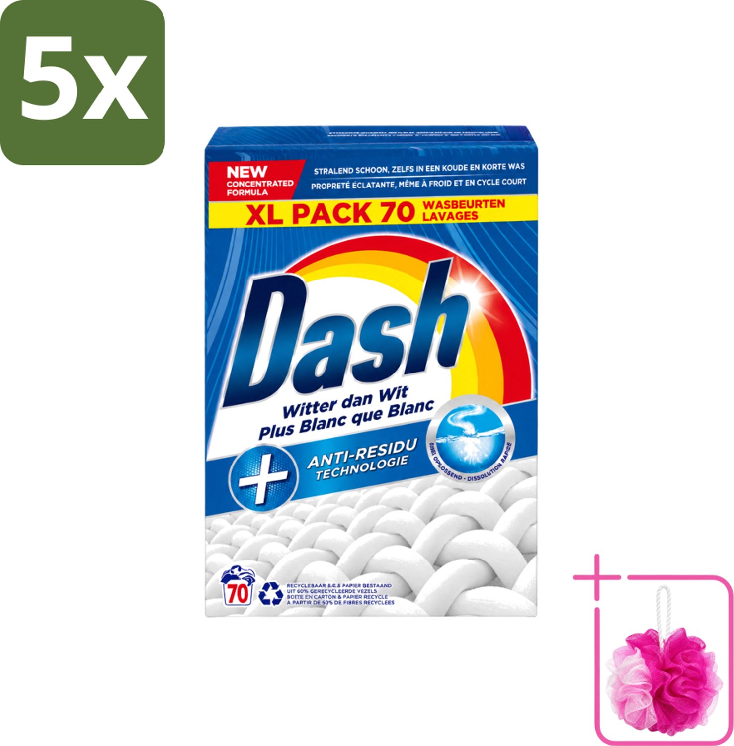 5 x Dash - Witter dan Wit - Snel Oplossend Waspoeder - Witte Was - 70 Wasbeurten - Bulkverpakking - Waspoeder - Douchemop - Witte was