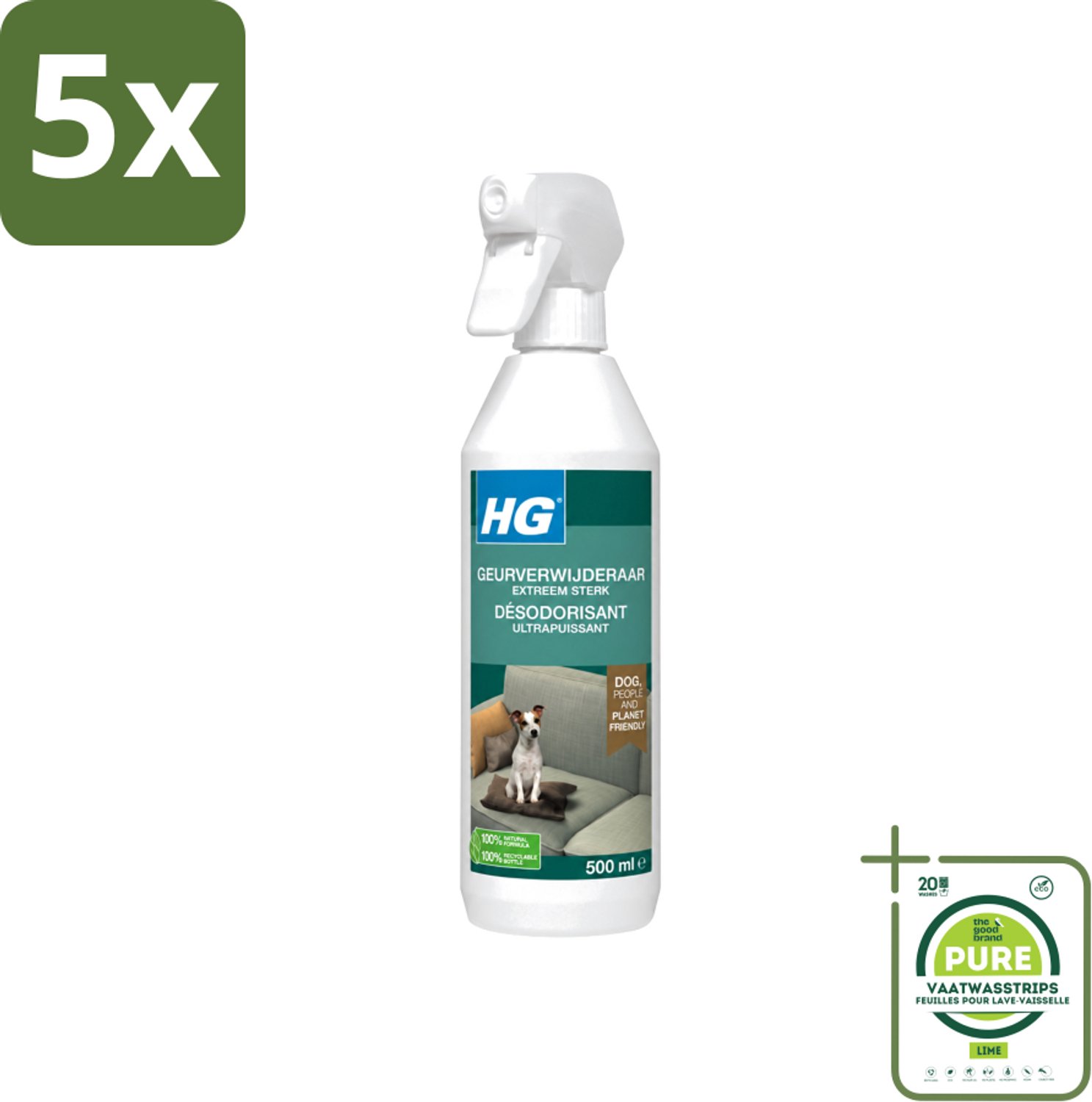 5 x HG - Geurverwijderaar Hond Spray - Extreem Sterk - Werkt Binnen 30 Minuten - 100% Biologisch - 500 ml - Grootverpakking - Vaatwasstrips - Geurverwijderaar Hond - Hond Geur - Geur Neutraliseren - Geurverwijderaar - Hond Geurproblemen