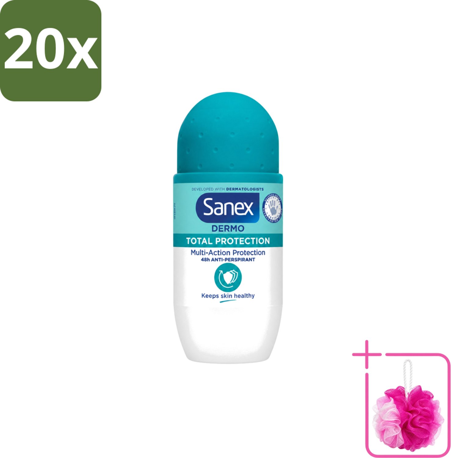 20 x Sanex – Deodorant Roll-On – Dermo Total Protection – 50 ml - Bulkverpakking - Douche - Douchemop - Deodorant roll-on