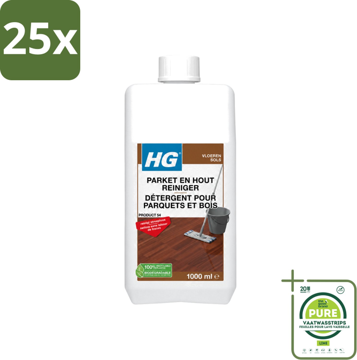 25 x HG - Parket- & Houtreiniger - Frisse Geur - Reinigt Streeploos - 1L - Grootverpakking - Vaatwasstrips - Parket Reinigen - Parket Reiniger - Parket Vloer Reinigen - Parket Reinigen Zonder Strepen - Parket Vloer Onderhoud