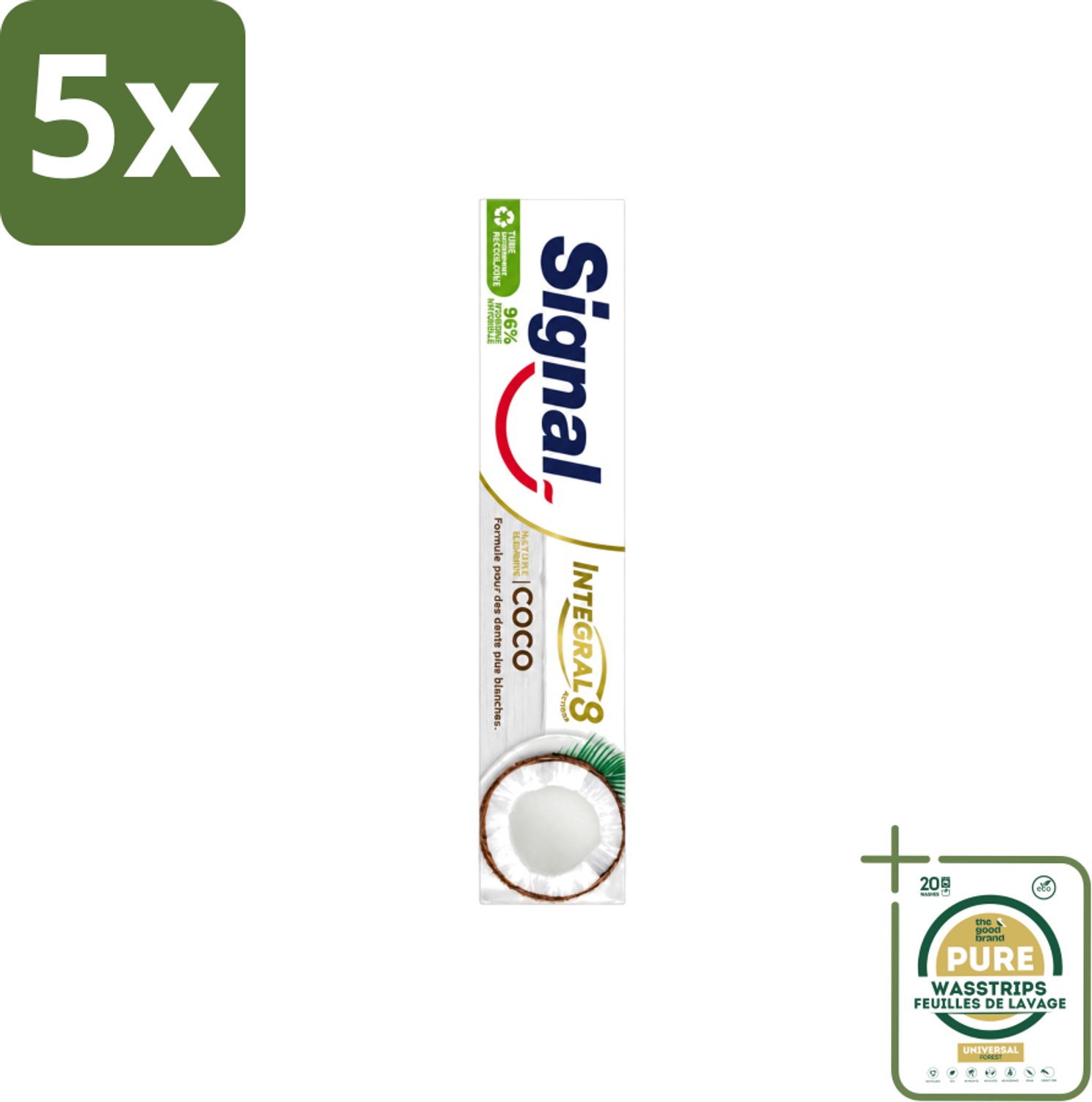5 x Signal - Integral & Actions - Tandpasta - Natuurlijke Elementen - Kokos - Voor Witte Tanden - 75 ml - Wasstrips - Tandpasta - Natuurlijke Tandpasta - Kokos Tandpasta - Witte Tanden - Tandbescherming