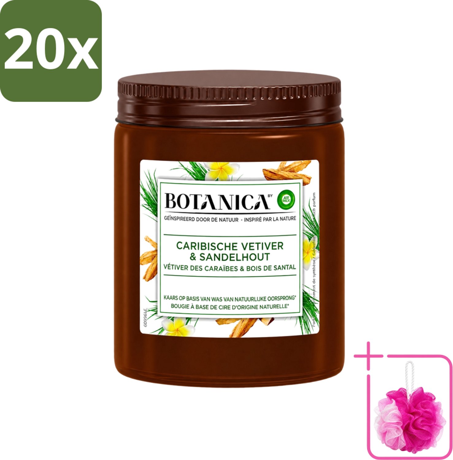 Air Wick 20 x Botanica by Air Wick - Geurkaars - Vetiver & Sandelhout - 40 Uur Brandduur - Bulkverpakking - Geurkaars vetiver sandelhout - Douchemop - Vetiver geur Bruin
