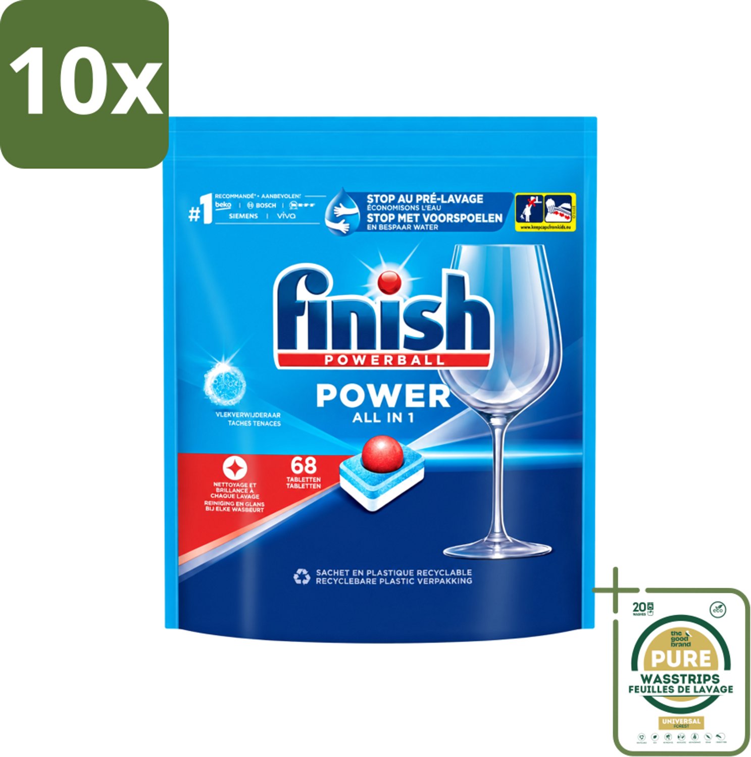 10 x Finish Powerball - Power All in 1 - Vaatwastabletten - Reiniging & Glans - 68 Tabletten - Wasstrips - Vaatwastabletten - Vaat Reinigen - Vlekverwijderaar - Vaatwasmiddel - Krachtige Vaatwasmiddel