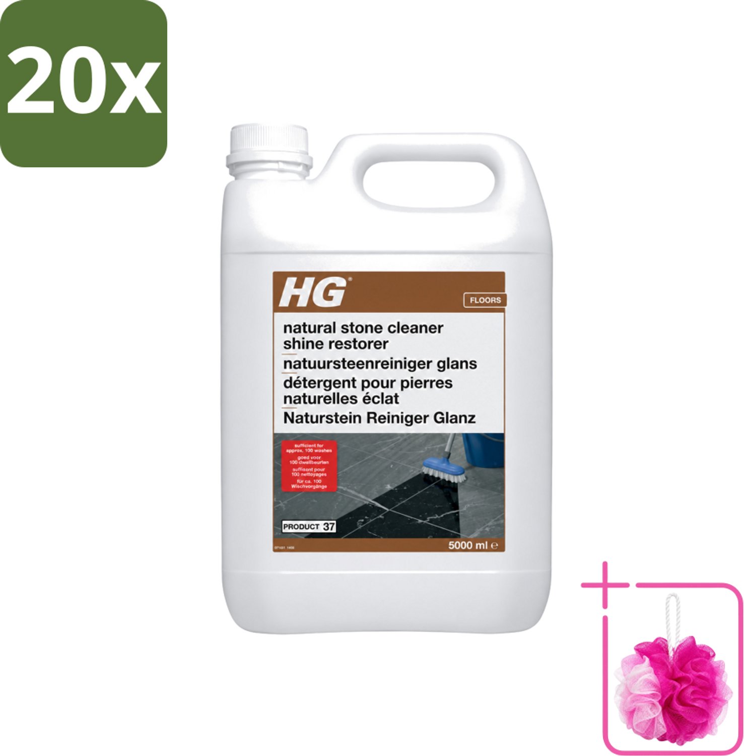 20 x HG - Natuursteenreiniger Glans - 40 Dweilbeurten - 5L - Bulkverpakking - Natuursteen reinigen - Douchemop - Marmer reinigen