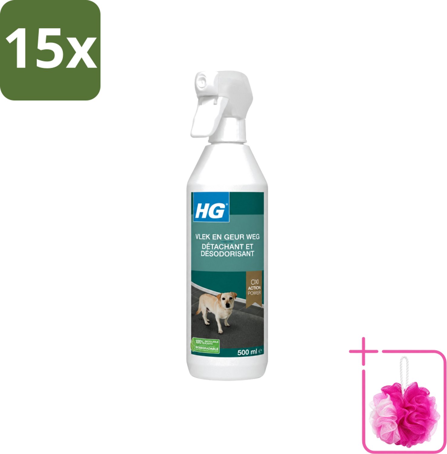 15 x HG - Vlek & Geur Weg Spray - Hond - Oxi Action Power - Hardnekkige Werking - 500 ml - Bulkverpakking - Hondvlek weg - Douchemop - Hondgeur weg