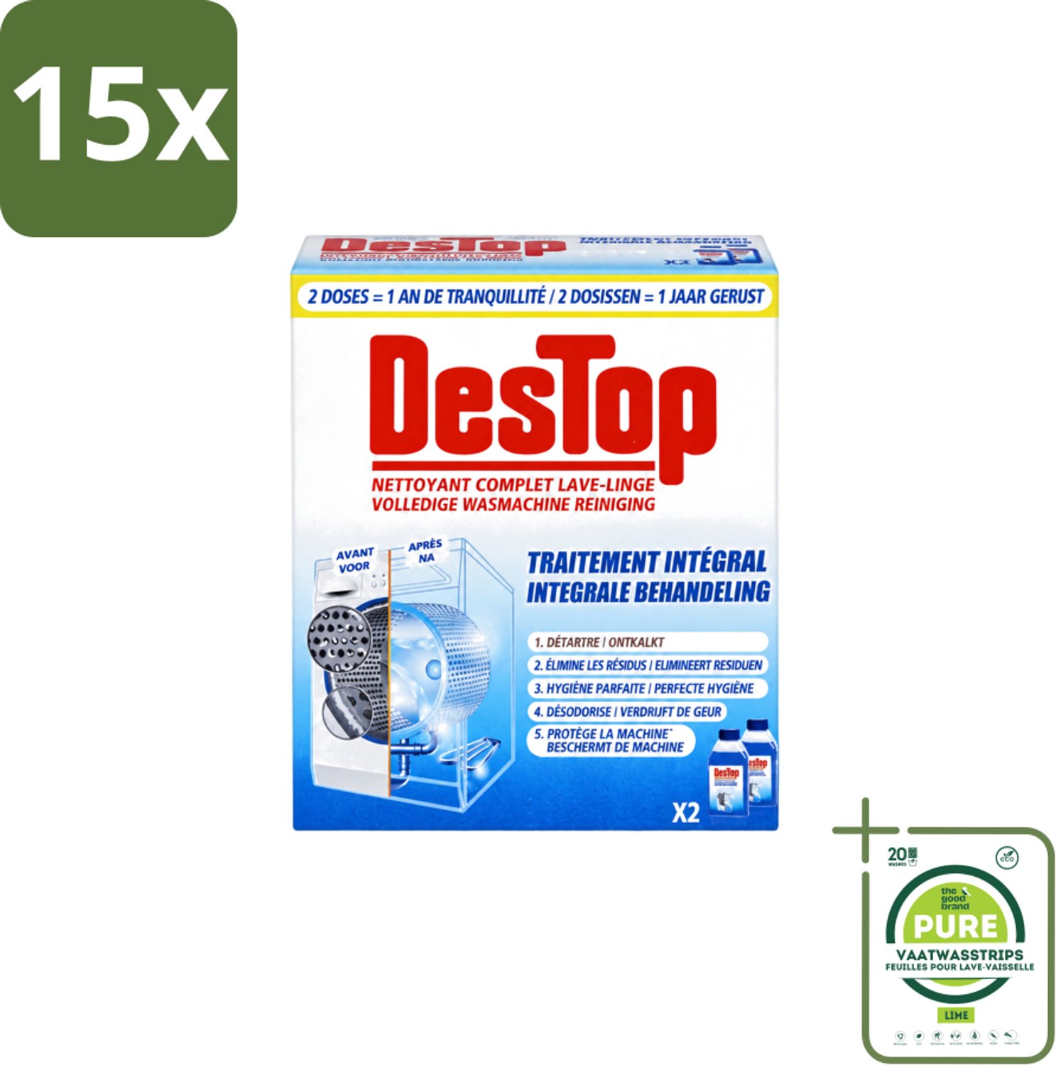 15 x Destop - Wasmachine reiniger - Integrale Behandeling - Duopack - Grootverpakking - Vaatwasstrips - Wasmachine Reiniger - Kalk Verwijderen - Wasmachine Reinigen - Wasmachine Hygiëne - Wasmachine Onderhoud