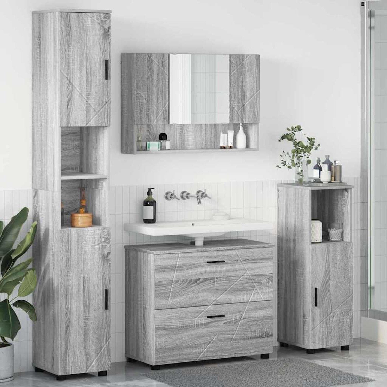 Badkamermeubelset 4 stuks grijs Sonoma 35x30x192 cm hout metaal