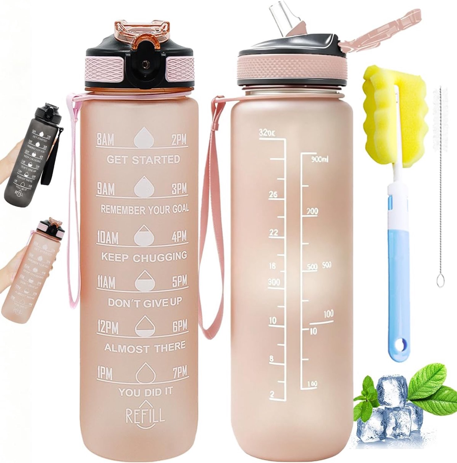 Sportdrinkfles met rietje 1 liter, plastic flessen (roze)