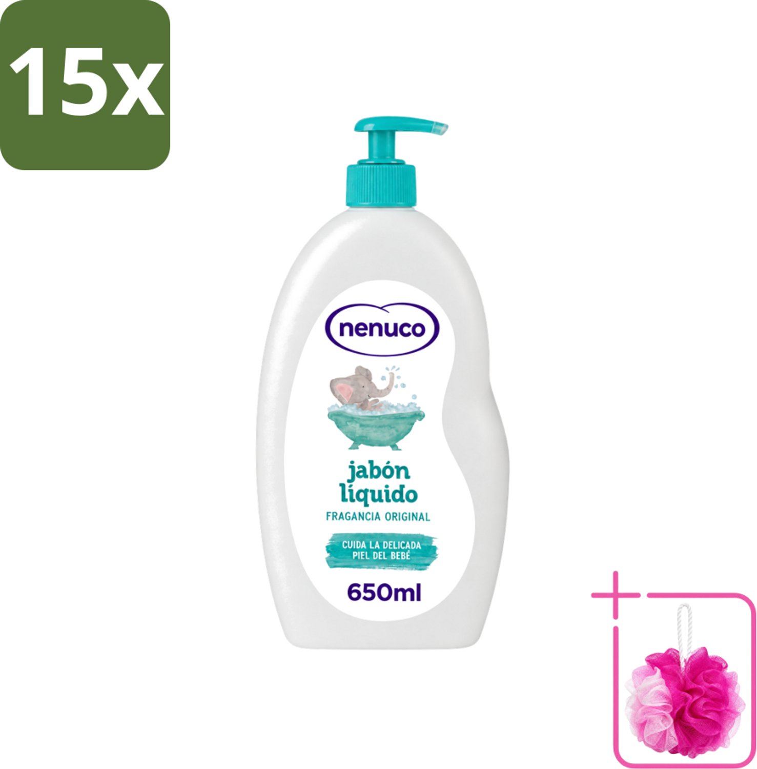 15 x Nenuco - Jabon Líquido - Vloeibare Zeep - Originele Geur - Met Doseerpomp - 650 ml - Bulkverpakking - Vloeibare zeep - Douchemop - Zeep voor baby
