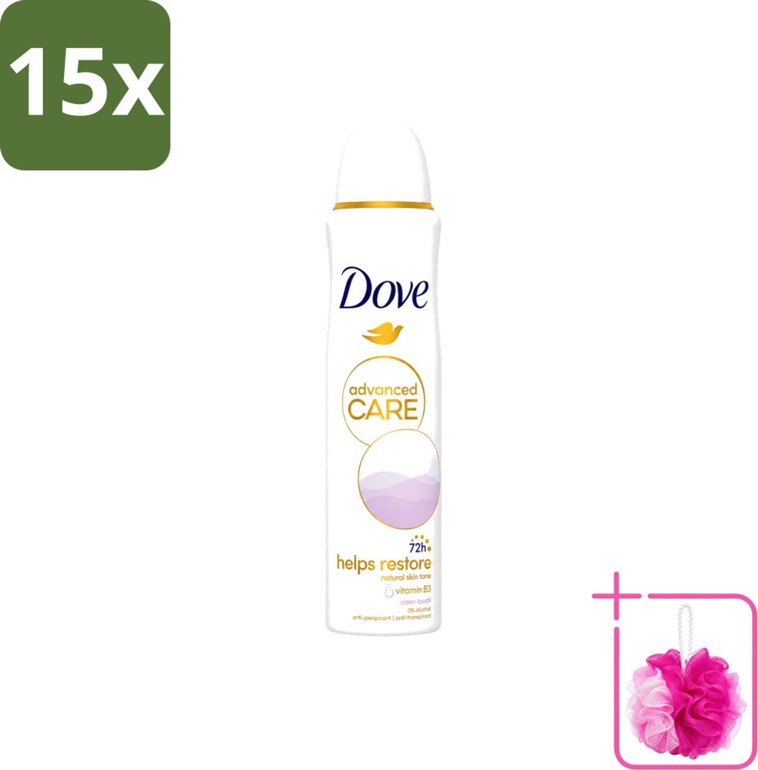 15 x Dove - Deodorant - Spray Clean Touch - Zachte geur en verzorging - 150 ml - Bulkverpakking - Dove Deodorant Spray - Douchemop - Fris
