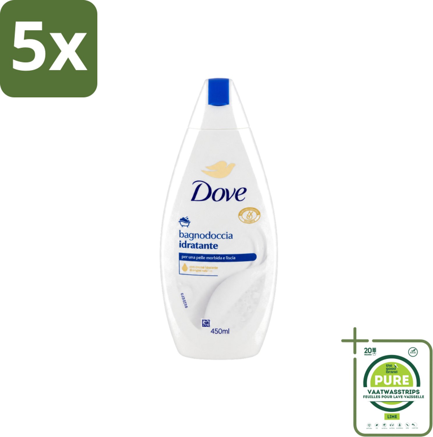 5 x Dove – Douchegel – Hydraterend – 450 ml - Grootverpakking - Vaatwasstrips - Douchegel Hydraterend - Huid Verzorging - Zachte Huid - Milde Douchegel - Huidbarrière