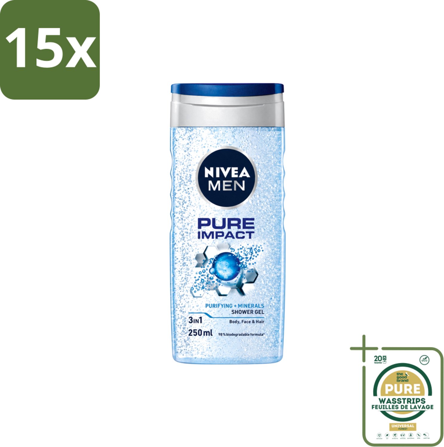 15 x Nivea Men – Douchegel – Pure Impact – 250 ml - Wasstrips - Douchegel - Zuiverende Douchegel - Reinigende Douchegel - Zweet Verwijderen - Vuil Verwijderen