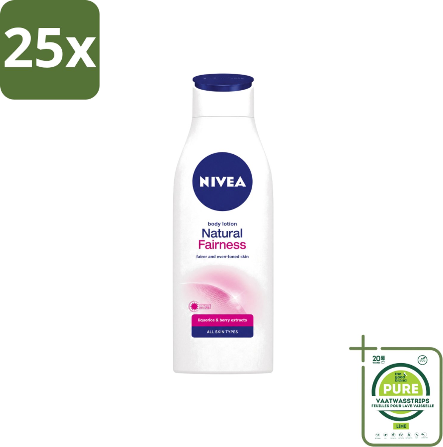 25 x Nivea – Bodylotion – Natural Fairness Clarifiant – 400 ml - Grootverpakking - Vaatwasstrips - Huidverlichting - Natuurlijke Glans - Huidverlichting - Huidverlichting - Huidverlichting