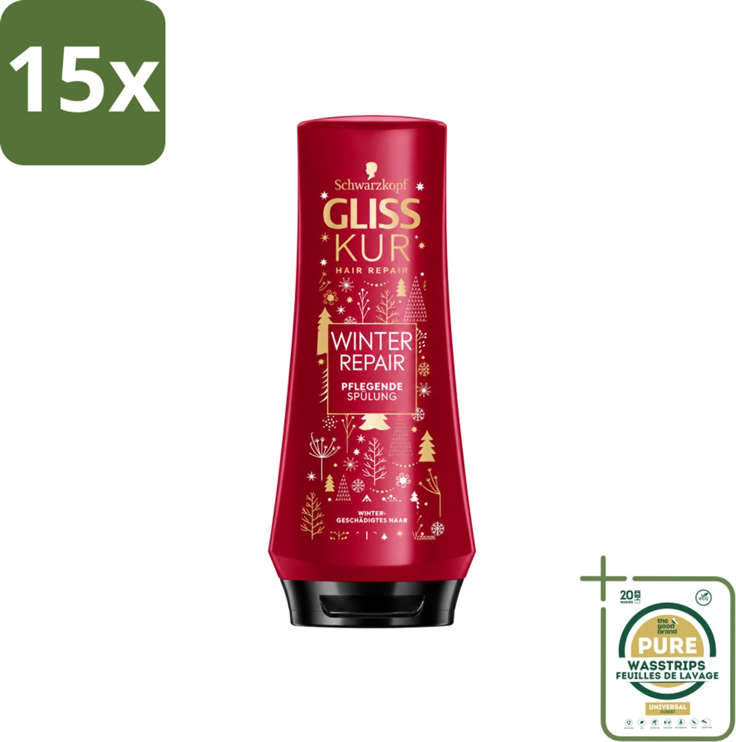 15 x Gliss-Kur - Conditioner - Winter Repair - Herstelt & Verzorgt - 200 ml - Wasstrips - Winter Haar Verzorging - Haar Herstel - Haar Bescherming - Keratine Haar Conditioner - Cranberry Haar Conditioner