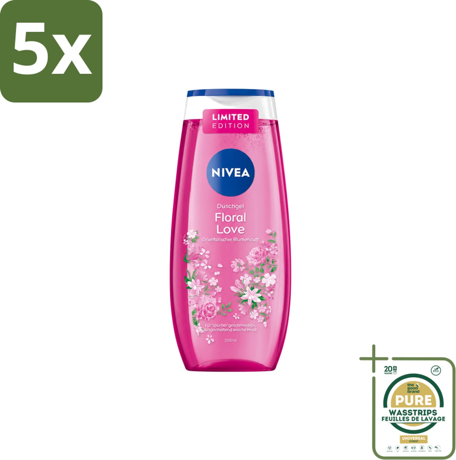 5 x Nivea – Douchegel – Floral Love – 250 ml - Wasstrips - Douchegel - Bloemige Geur - Zachte Huid - Verzorgende Douche - Huidverzorging