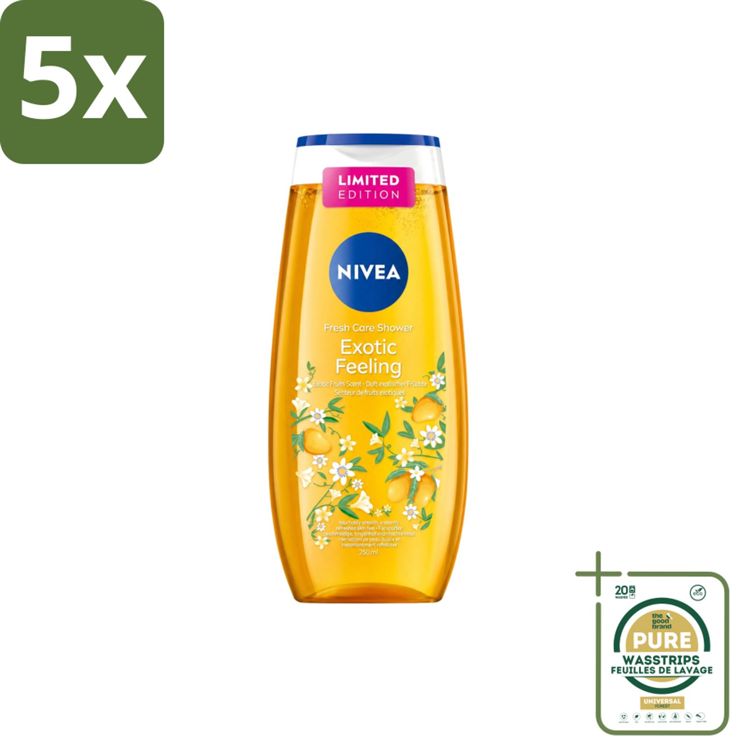 5 x Nivea – Douchegel – Exotic Feeling – 250 ml - Wasstrips - Douchegel - Tropische Geur - Mild Reinigen - Huid Verzorgen - Fris Huidgevoel