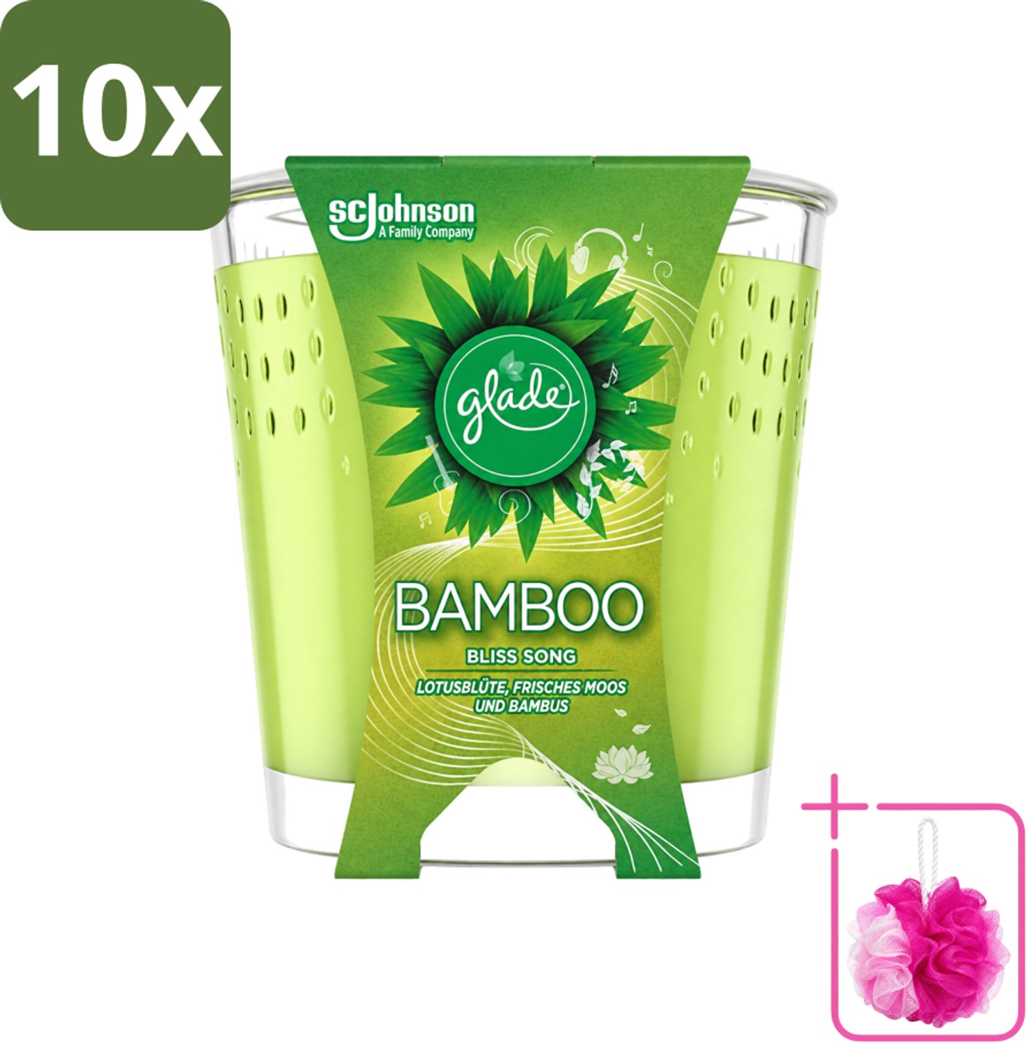 10 x Glade - Geurkaars - Bamboo Bliss Song - Frisse Geur & Relaxatie - 129 g - Bulkverpakking - Geurkaars - Douchemop - Bamboe Geur