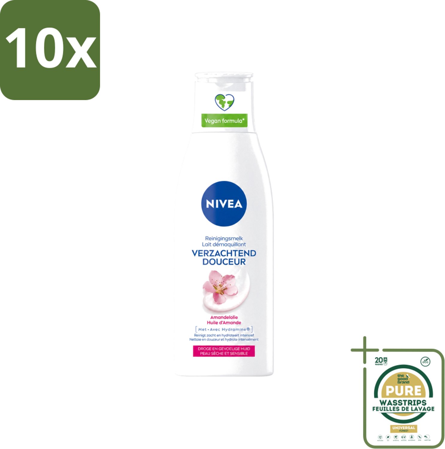 10 x Nivea - Gezichtsreiniger - Droge en Gevoelige Huid - Amandelolie - Hydramine - 200 ml - Wasstrips - Gezichtsreiniger - Droge Huid - Gevoelige Huid - Amandelolie - Hydramine