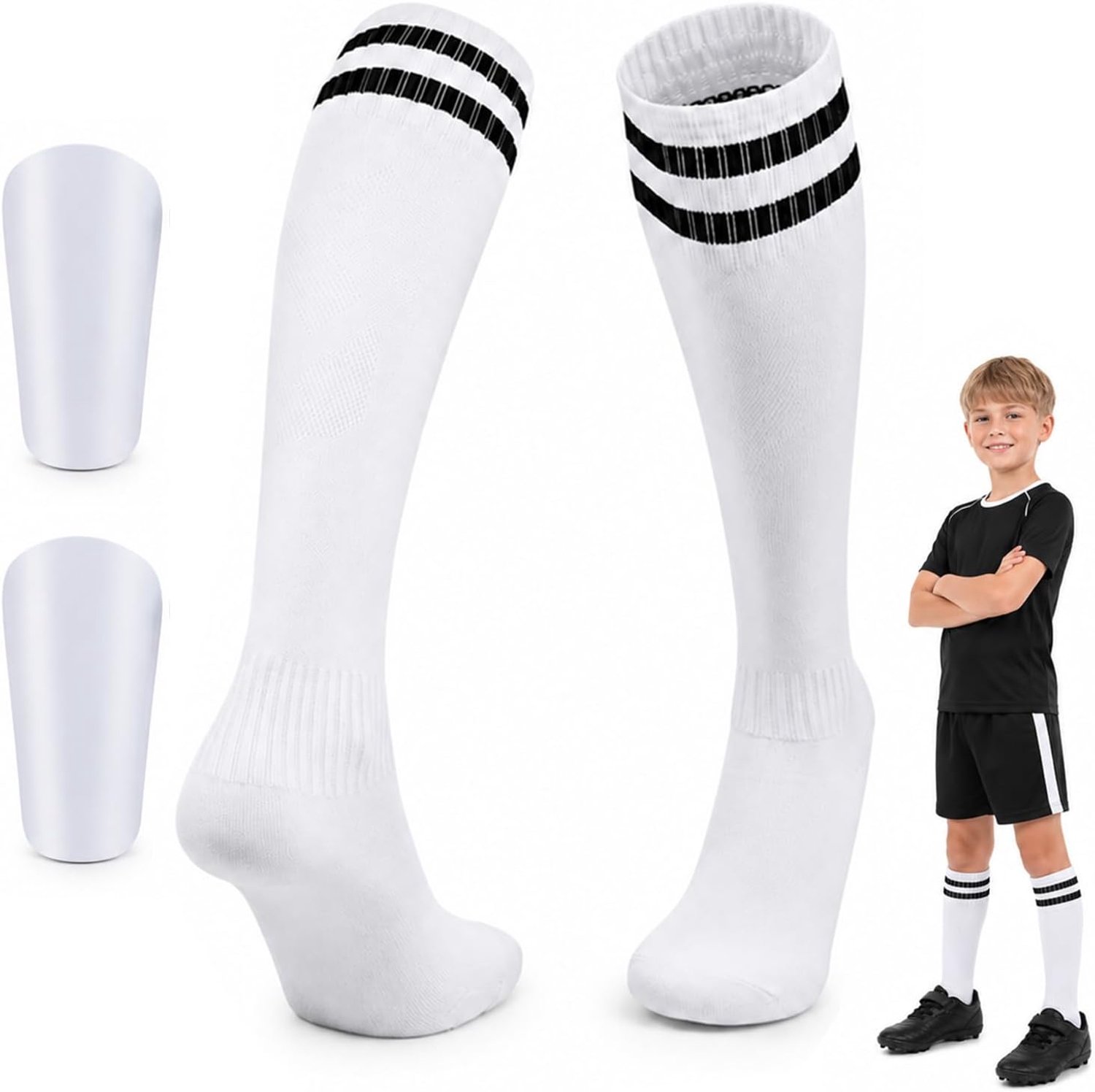 Scheenbeschermer set met voetbalkousen, schokbestendig EVA 8x5cm, flexibele beenbescherming geschikt voor jeugdvoetbal, futsal en binnensporttraining