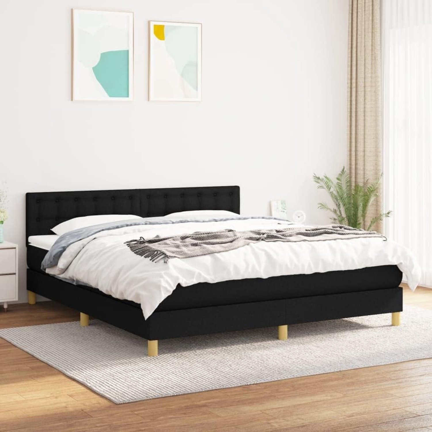 Boxspringbed met matras, 180 x 200 cm, zwart, van duurzame stof, in hoogte verstelbaar hoofdeinde, middelharde pocketveringmatras voor een goede nachtrust