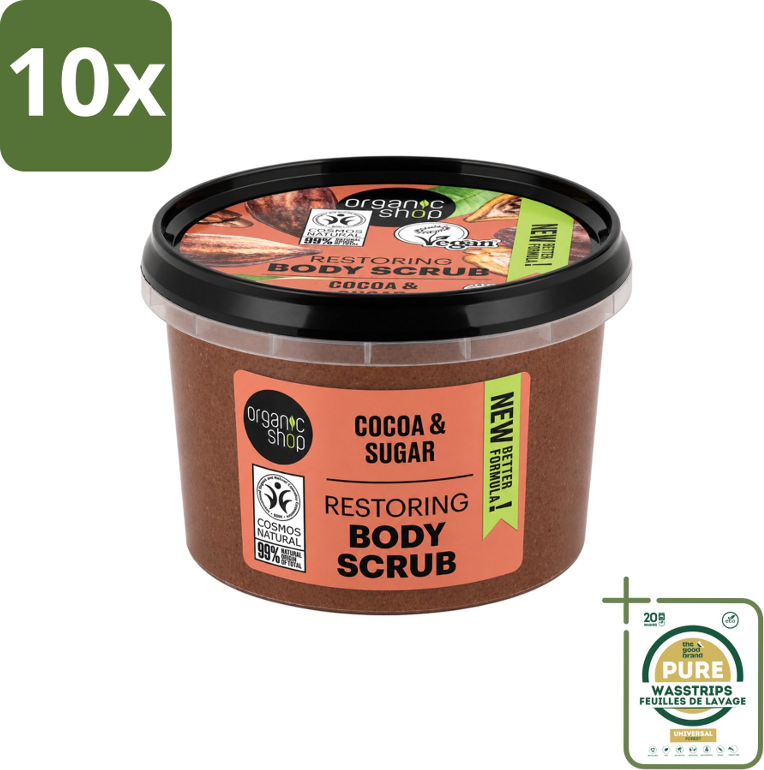 10 x Organic Shop - Body Scrub Cocoa - Rijke Hydratatie - 250 ml - Wasstrips - Bodyscrub - Exfoliatie - Huidverzorging - Cacaoscrub - Natuurlijke Scrub