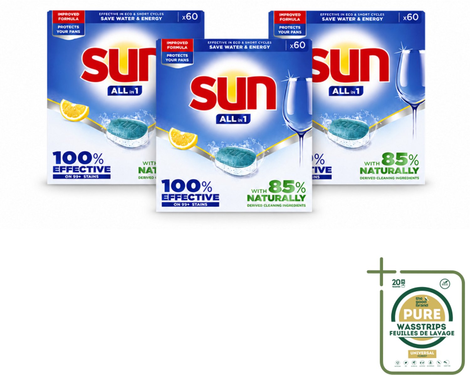 3 x Sun - Vaatwastabletten - All-in-1 Citroen - 60 tabletten - Wasstrips - Vaatwastabletten - Citroen - Vaatwasmiddel - Reiniging - Glans