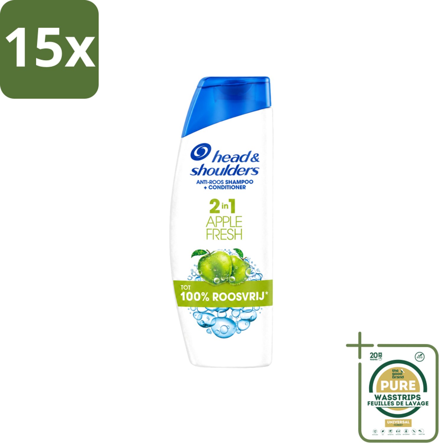 15 x Head & Shoulders - Shampoo - 2-in-1 - Apple Fresh - 100% Roosvrij - 300 ml - Wasstrips - Anti-roos Shampoo - Hoofdproblemen - Hoofdhuidgezondheid - Roosvrij Haar - Fris Haar