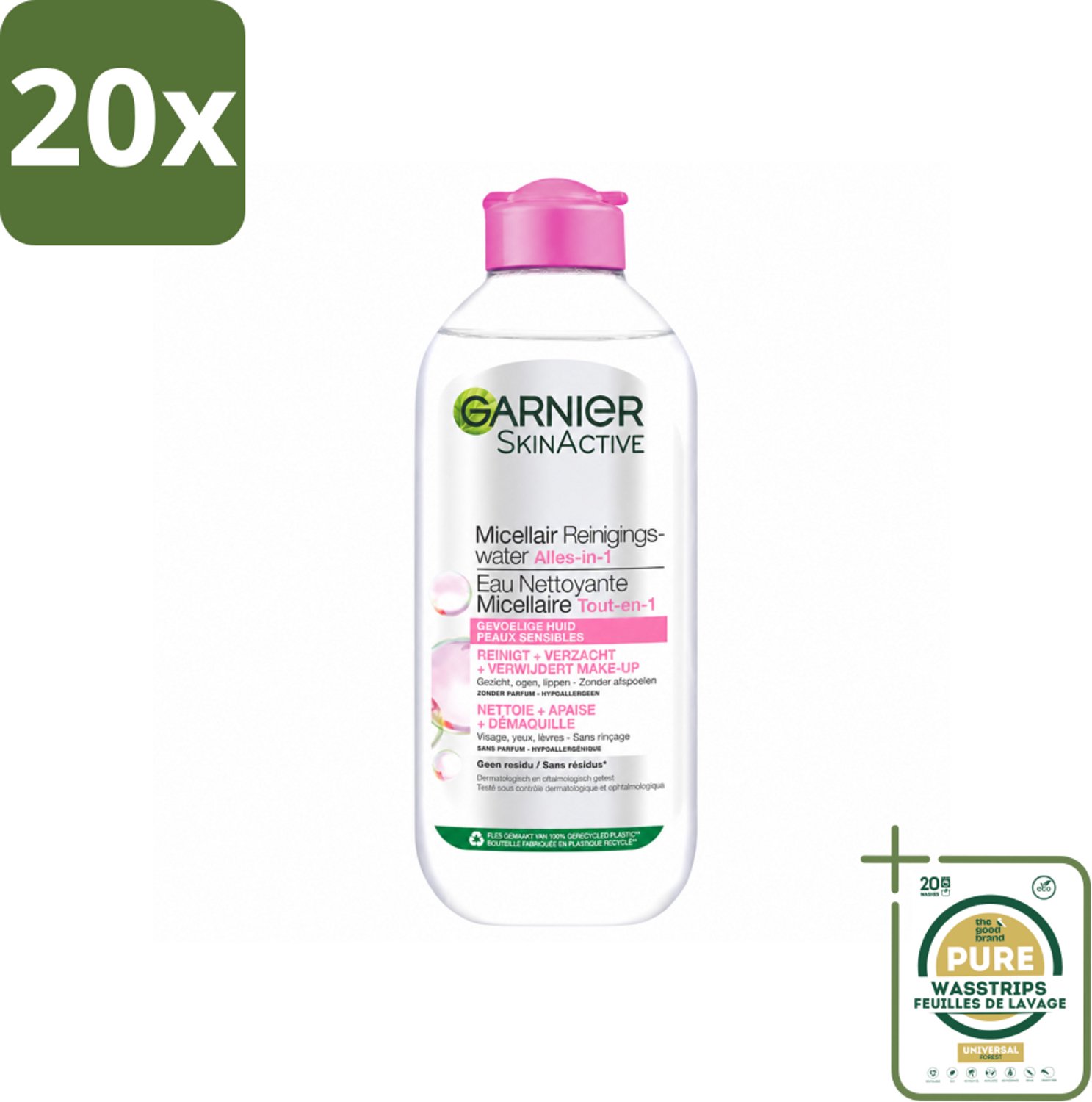 20 x Garnier - SkinActive - Micellair Reinigingswater - Gevoelige Huid - Milde Reiniging & Make-Up Remover - 400 ml - Wasstrips - Gevoelige Huid - Micellair Reinigen - Make-up Verwijderen - Milde Reiniging - Gezicht Reinigen