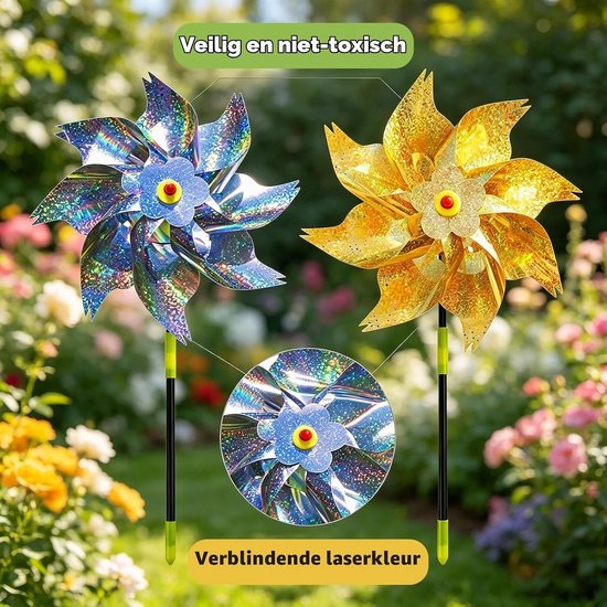 Effectieve vogelwering met 2 grote octagonale windmolens, reflecterend in zilver en goud, voor bescherming van tuin, balkon en groentetuin. — afbeelding 2