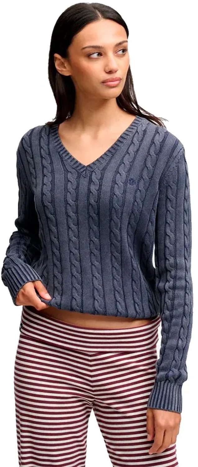 Superdry Washed V-hals Cable Trui Slanke Pasvorm Dames Sweaters Marineblauw