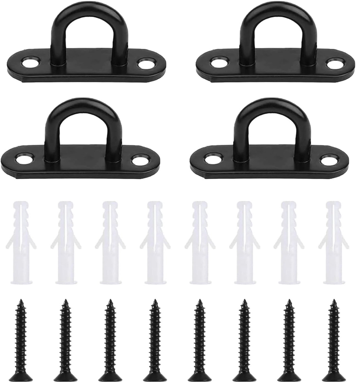 4 stuks zwarte pad oogplaten, met schroeven en expansiebuizen, plafondhaken, roestvrij staal, D-ringen Heavy Duty, voor plafond, schommel, plantenbakken, dakbalk, windgong