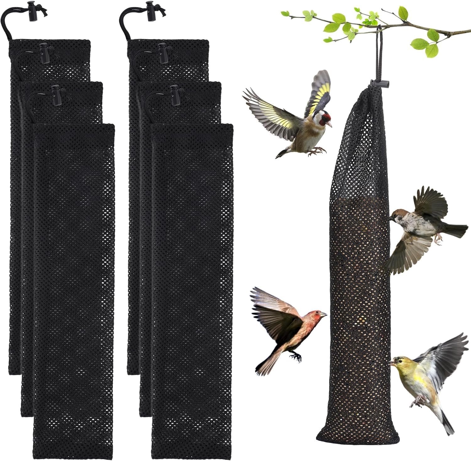 6 stuks sokkenvoederstation voor vogels, voederdispenser voor wilde vogels, met trechter, voor tuinen, binnenplaats, voeden van wilde drinken, zwart, 40 x 10 cm