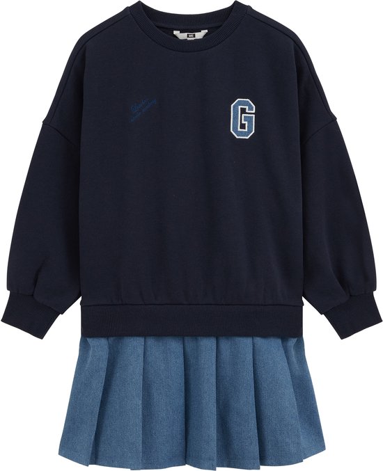 Donkerblauwe oversized sweatshirt-jurk met een geplooide rok van denim en een geborduurde G op de borst.