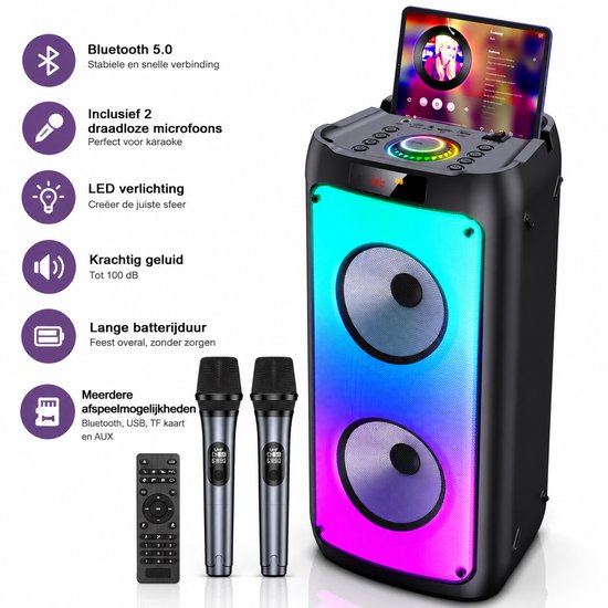 ShaSha Partybox Bluetooth Speaker met 2 Draadloze Microfoons - Karaoke Set voor Volwassenen - Muziek Box met LED Verlichting - Zwart — afbeelding 4