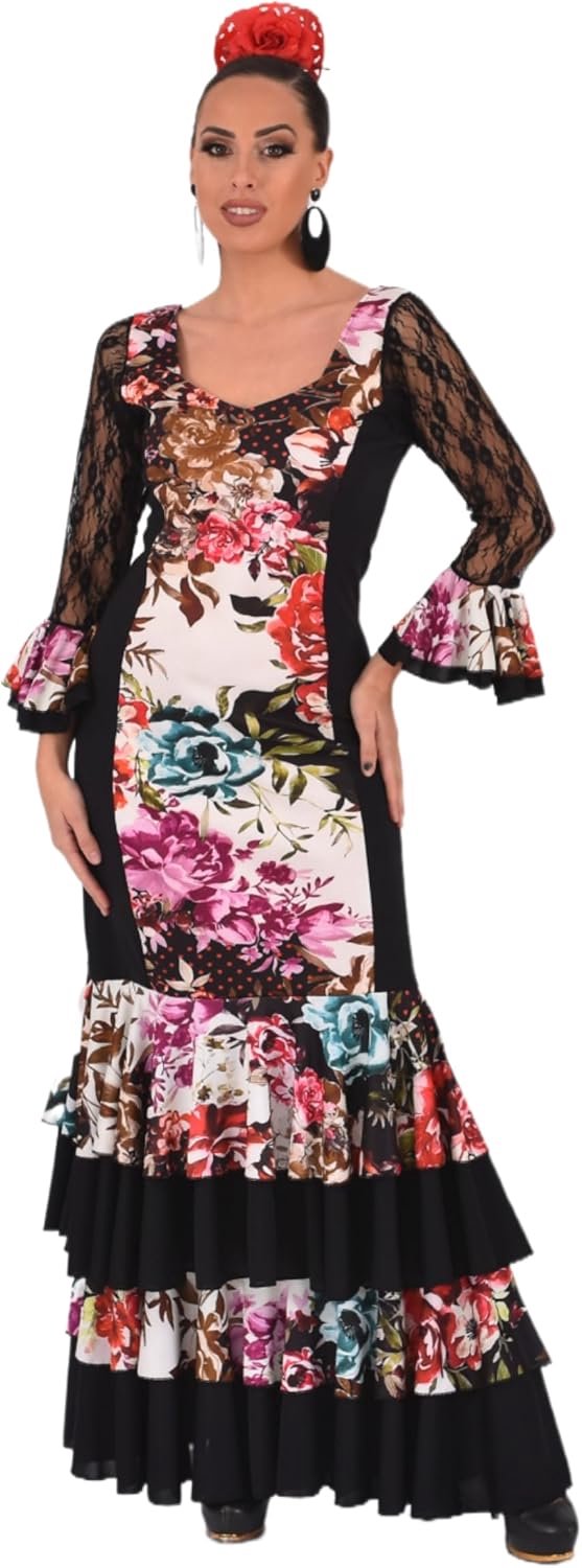 Flamenco-jurk voor dames met ruches, beurs- of Sevillana-kostuum met kanten mouwen en bloemenprint