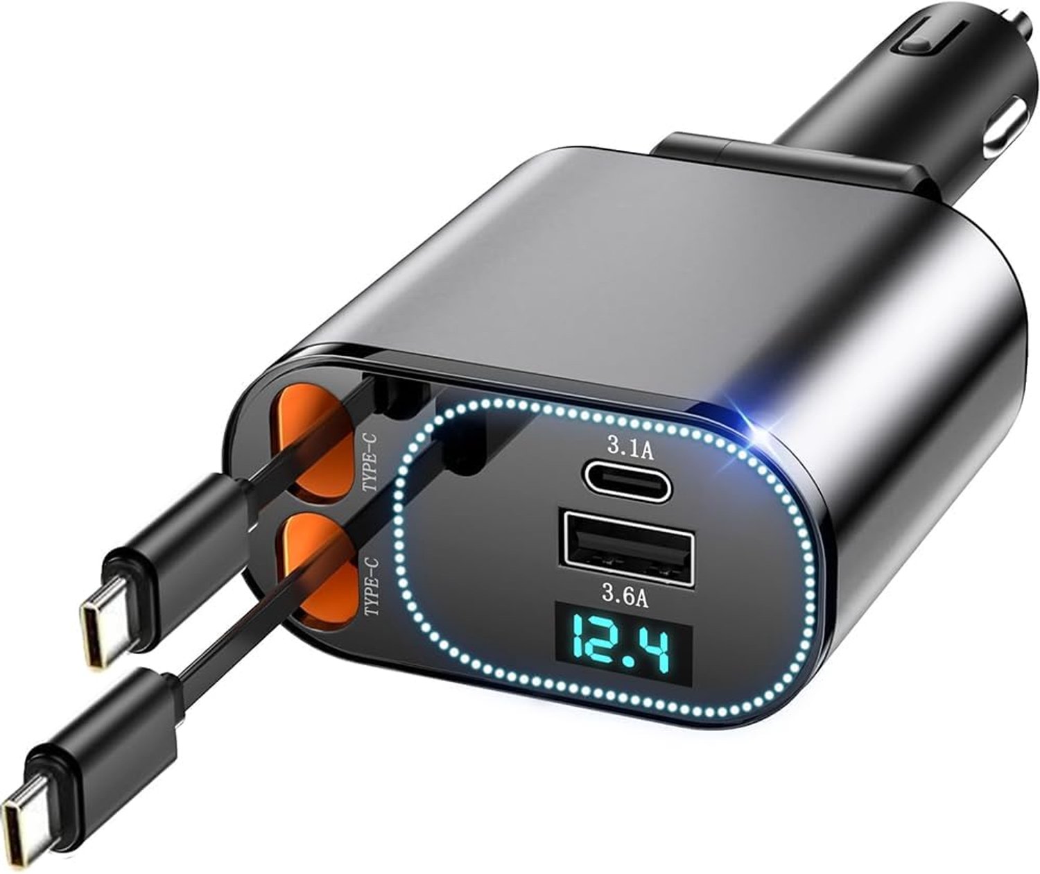Car Charger 123W Car Phone Charger Car Power Adapter with Dual USB C Cables USB A PD QC 4 in 1 Fast Charging Cigarette Lighter for iPhone 16/15 Samsung Galaxy S25/S24 Ultra MacBook, Laptop