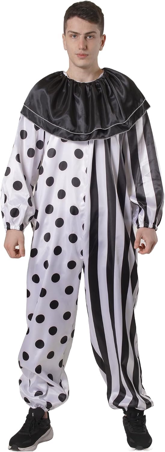 Clownskostuum voor volwassenen, Halloween, satijn, wit, zwart, stippen, met ruches, voor heren, angst, carnaval, cosplay