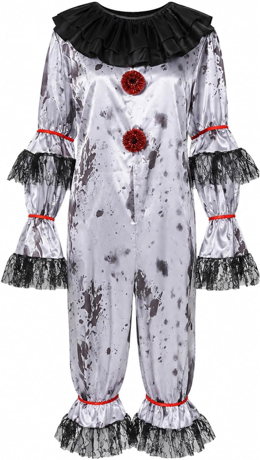 Clownskostuum voor volwassenen, Halloween, korte overall, satijn, zilver, ruches, lange mouwen, klassieke penny-stijl