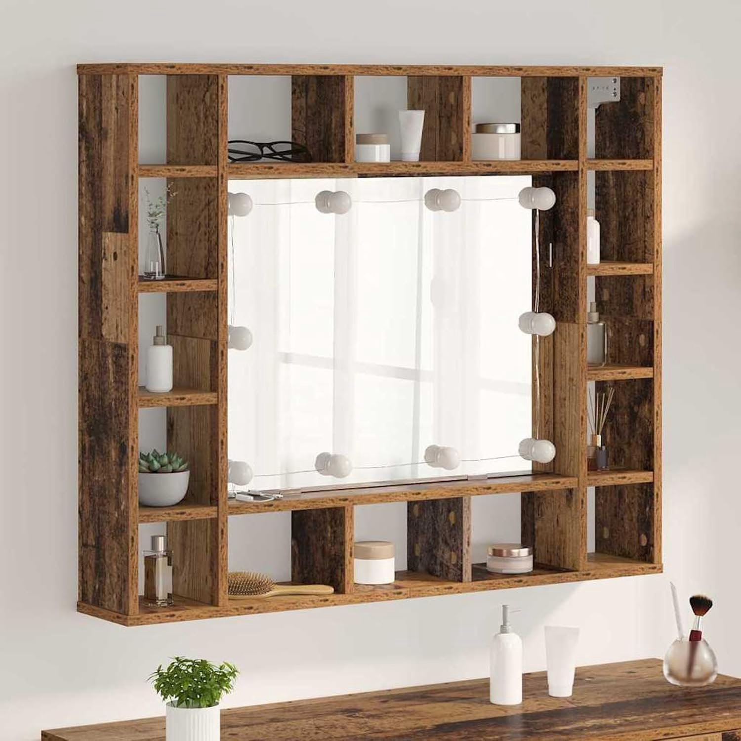 Spiegelkast met spiegelverlichting, houten frame, oud houtlook, 91 x 15 x 76,5 cm, 1 stuk, binnen voor wandmontage
