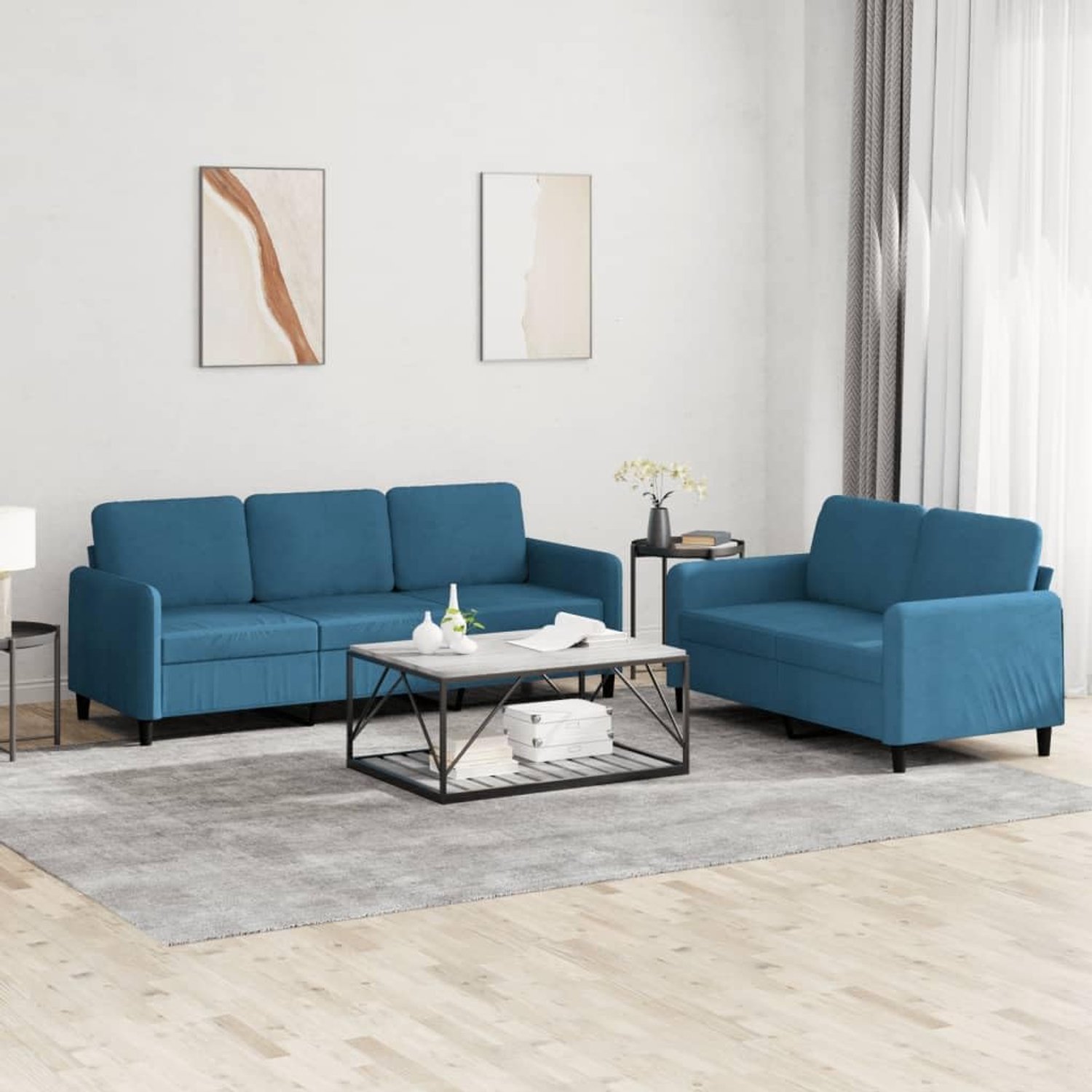 2-delige bankstel blauw fluweel met zachte stof en robuust frame voor de woonkamer, comfortabele bekleding en elegant design