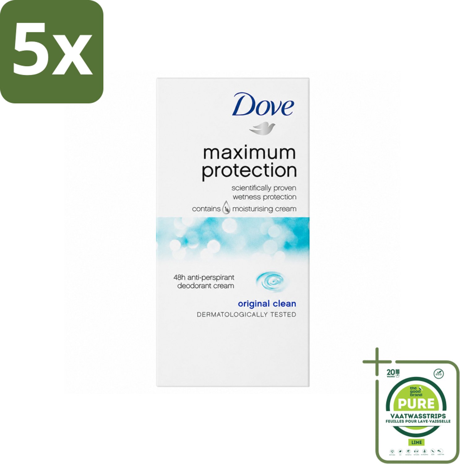 5 x Dove Deodorant Stick - Maximum Protection - Original Clean - 45 ml - Grootverpakking - Vaatwasstrips - Anti-transpirant - Zweetbestendig - Geurbestendig - Okselverzorging - Dermatologisch Getest