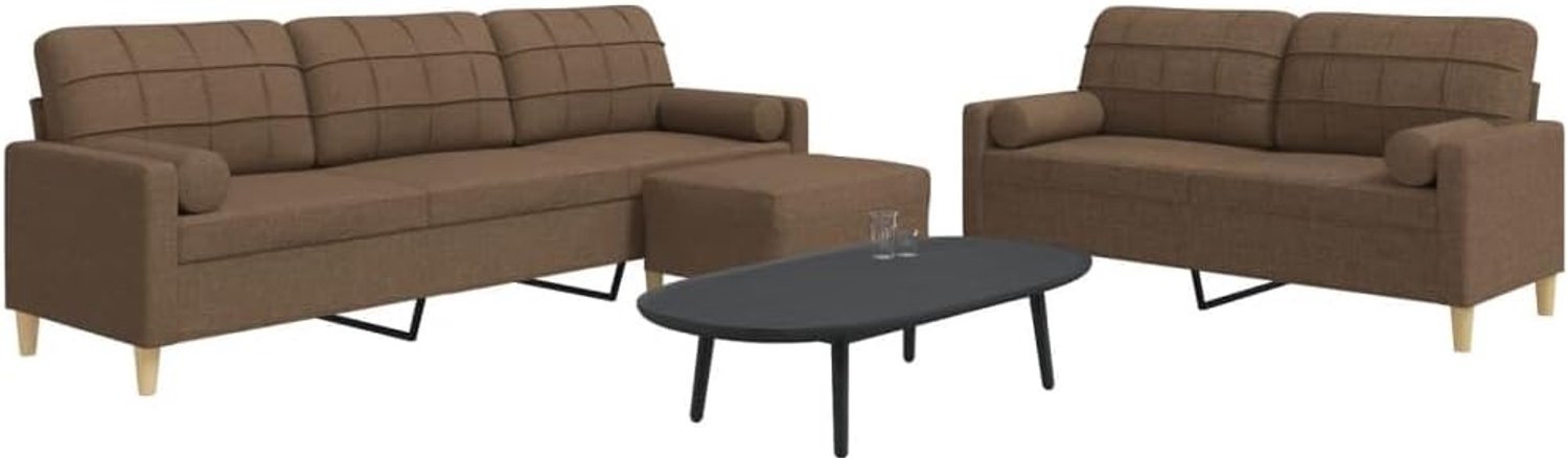 3-delige bankset met voetenbank & decoratief kussen, bruine stof, zacht polyesterweefsel, robuust metalen frame, comfortabele bekleding, veelzijdige kruk, praktisch