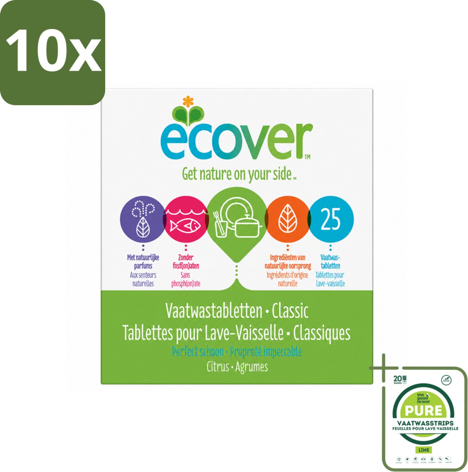 10 x Ecover - Vaatwastabletten Classic - 25 Tabs - Grootverpakking - Vaatwasstrips - Vaatwasmiddel - Vaatwastablet - Plantaardig Schoonmaken - Fosfaatvrij - Biologisch Afbreekbaar