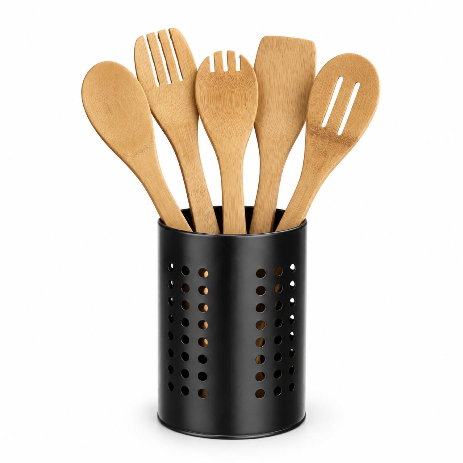 Alessandro Keukengerei set - houten spatels / lepels 5 delig - rvs houder van 11 x 18 cm - bamboe keukenlepels - keukenhulp